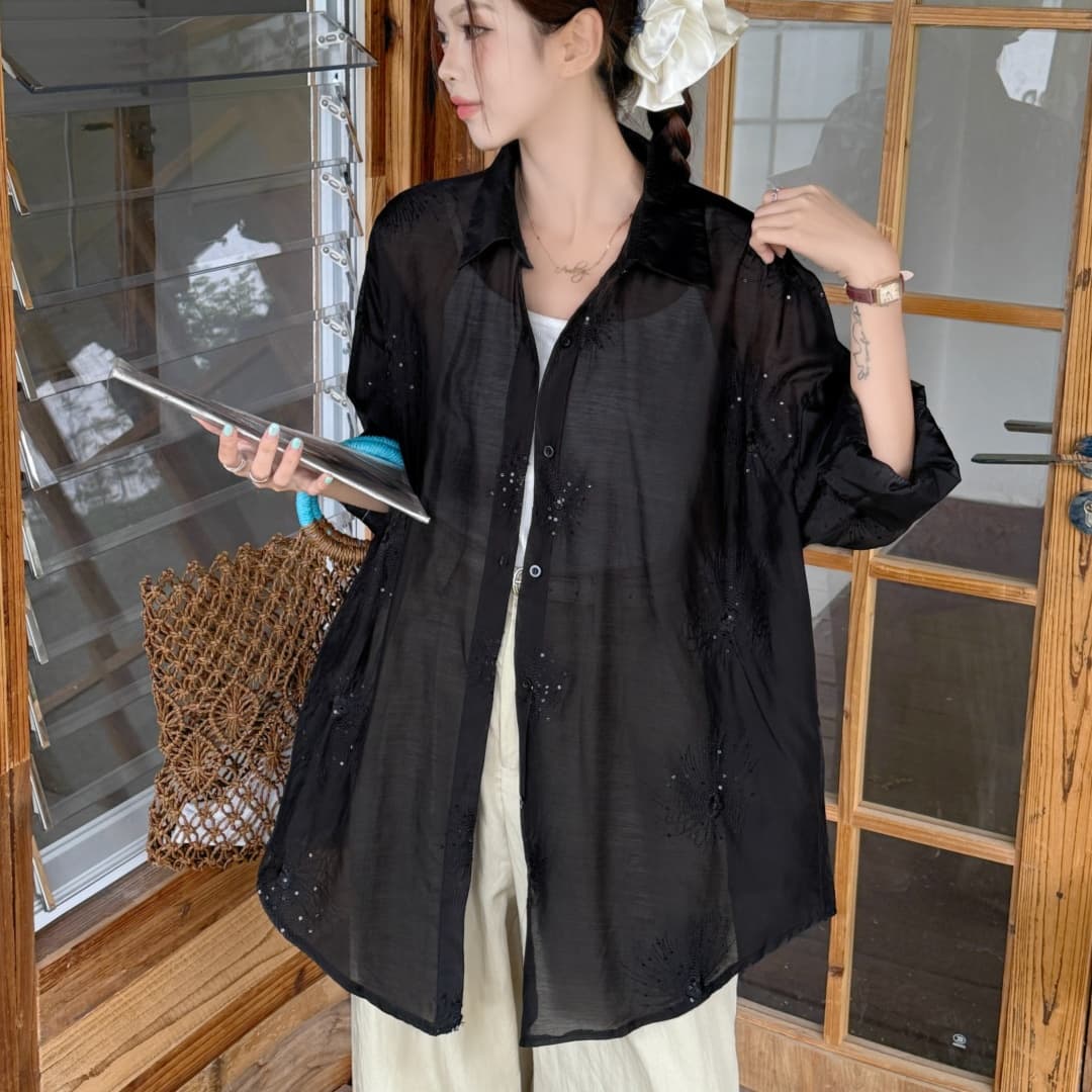 한국 스타일 oversize 여름 핫픽스 꽃무늬 자카드 셔츠 하라주쿠 스타일 레트로 캐주얼 자외선 차단 셔츠 여성 재킷 상세 이미지 14