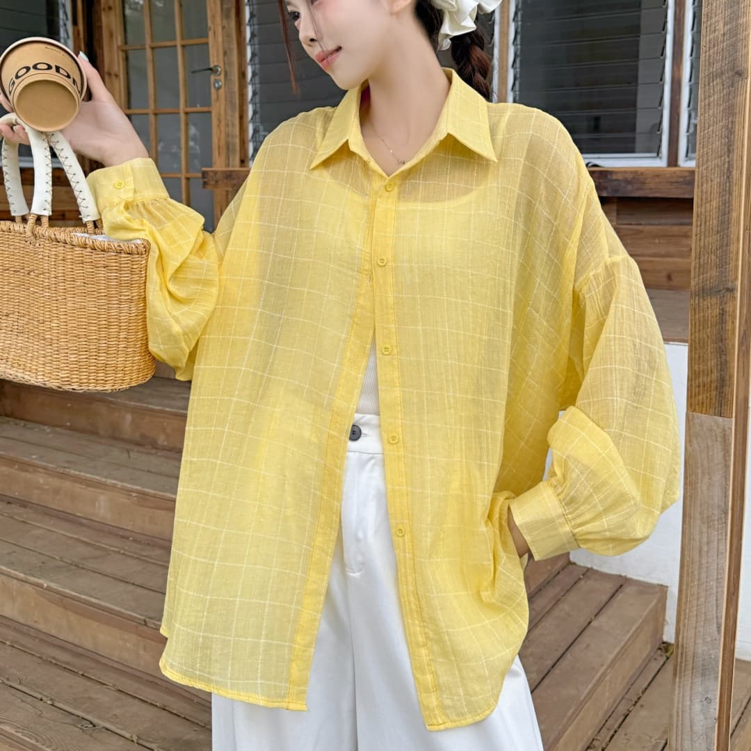 한국 스타일 oversize 여름 얇은 스타일 하라주쿠 스타일 격자 무늬 셔츠 레트로 긴팔 캐주얼 자외선 차단 셔츠 여성 재킷 이미지 4