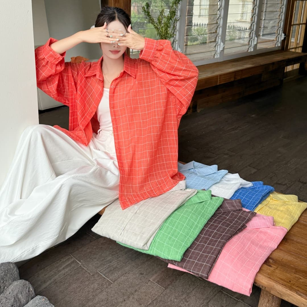 한국 스타일 oversize 여름 얇은 스타일 하라주쿠 스타일 격자 무늬 셔츠 레트로 긴팔 캐주얼 자외선 차단 셔츠 여성 재킷 이미지 2