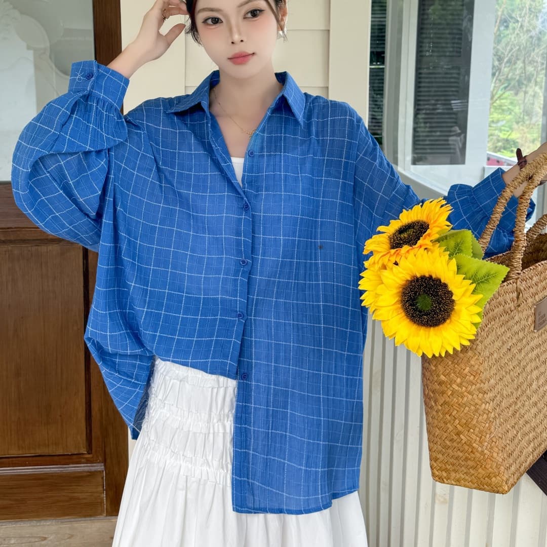 한국 스타일 oversize 여름 얇은 스타일 하라주쿠 스타일 격자 무늬 셔츠 레트로 긴팔 캐주얼 자외선 차단 셔츠 여성 재킷