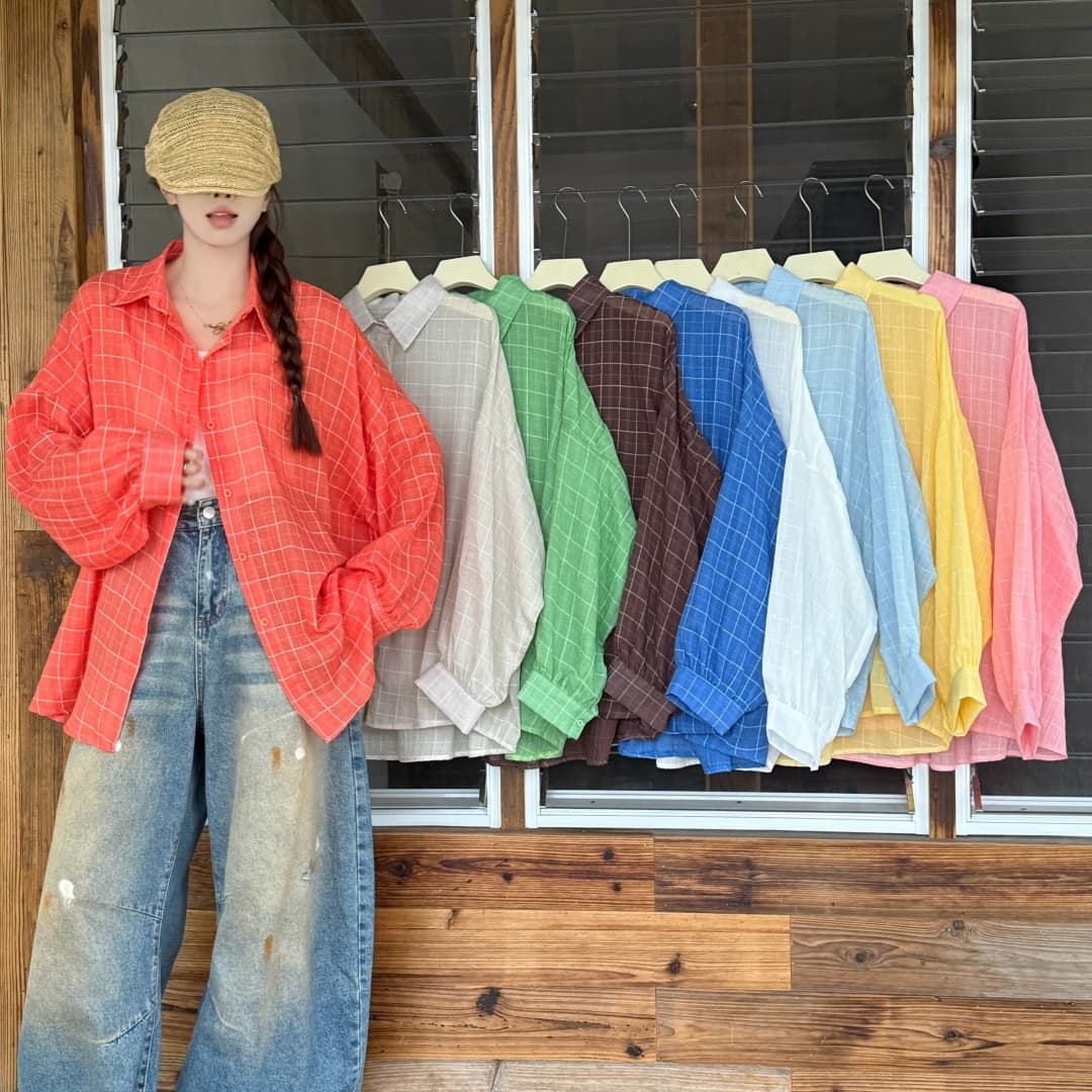 한국 스타일 oversize 여름 얇은 스타일 하라주쿠 스타일 격자 무늬 셔츠 레트로 긴팔 캐주얼 자외선 차단 셔츠 여성 재킷 상세 이미지 1