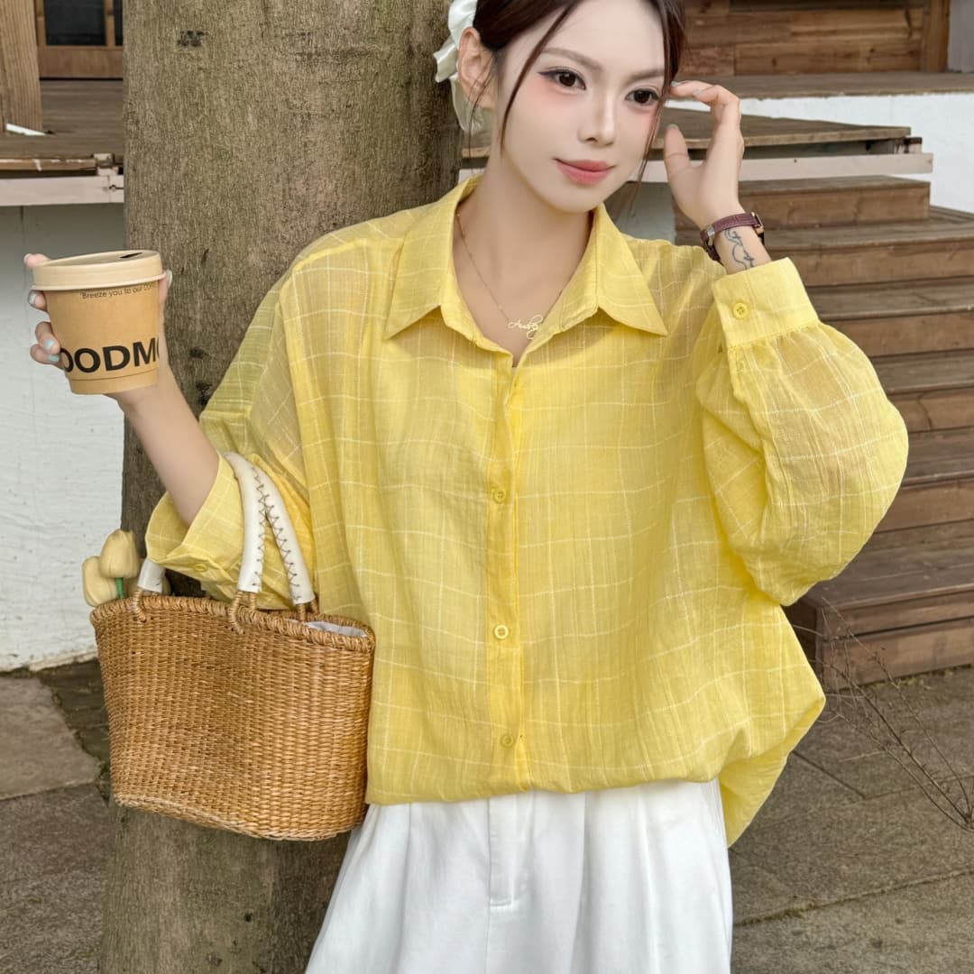 한국 스타일 oversize 여름 얇은 스타일 하라주쿠 스타일 격자 무늬 셔츠 레트로 긴팔 캐주얼 자외선 차단 셔츠 여성 재킷 상세 이미지 2