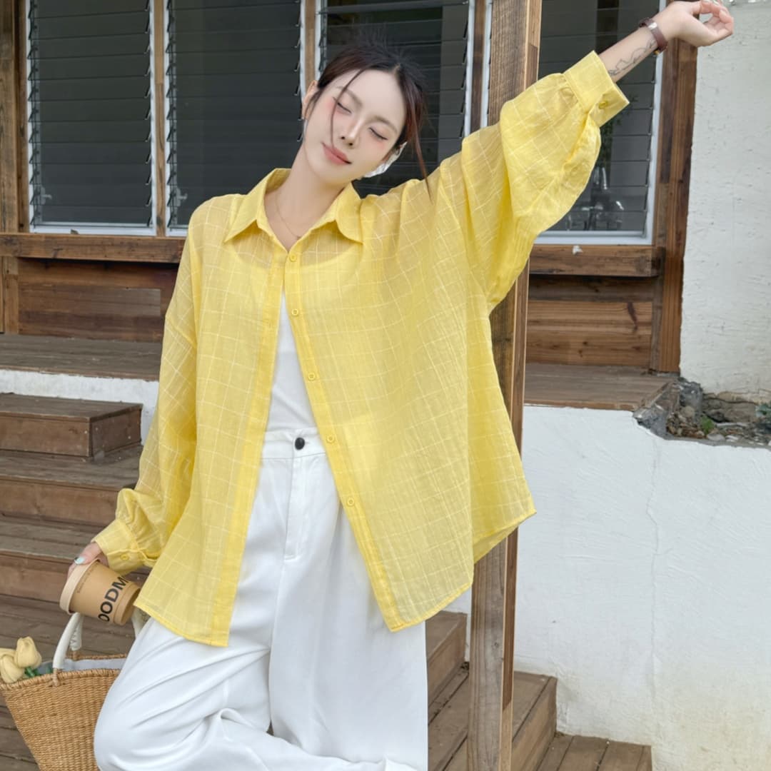 한국 스타일 oversize 여름 얇은 스타일 하라주쿠 스타일 격자 무늬 셔츠 레트로 긴팔 캐주얼 자외선 차단 셔츠 여성 재킷 상세 이미지 3