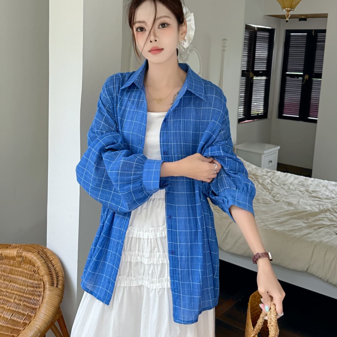 한국 스타일 oversize 여름 얇은 스타일 하라주쿠 스타일 격자 무늬 셔츠 레트로 긴팔 캐주얼 자외선 차단 셔츠 여성 재킷 상세 이미지 6