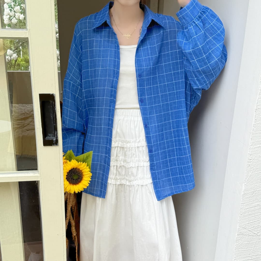 한국 스타일 oversize 여름 얇은 스타일 하라주쿠 스타일 격자 무늬 셔츠 레트로 긴팔 캐주얼 자외선 차단 셔츠 여성 재킷 상세 이미지 7