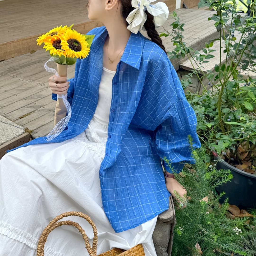 한국 스타일 oversize 여름 얇은 스타일 하라주쿠 스타일 격자 무늬 셔츠 레트로 긴팔 캐주얼 자외선 차단 셔츠 여성 재킷 상세 이미지 8