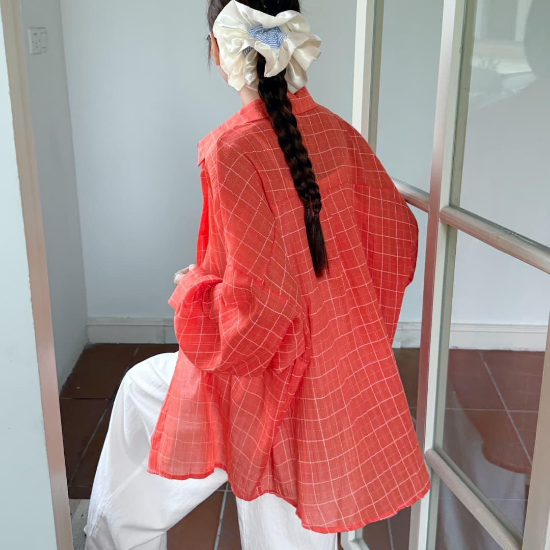 한국 스타일 oversize 여름 얇은 스타일 하라주쿠 스타일 격자 무늬 셔츠 레트로 긴팔 캐주얼 자외선 차단 셔츠 여성 재킷 상세 이미지 12