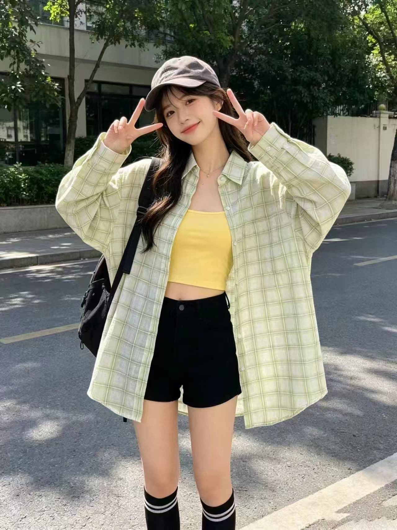 한국 스타일 여름 캐주얼 루즈핏 격자 무늬 셔츠 oversize 캐주얼 하라주쿠 스타일 자외선 차단 의류 여성 패션 재킷 트렌디 상세 이미지 5