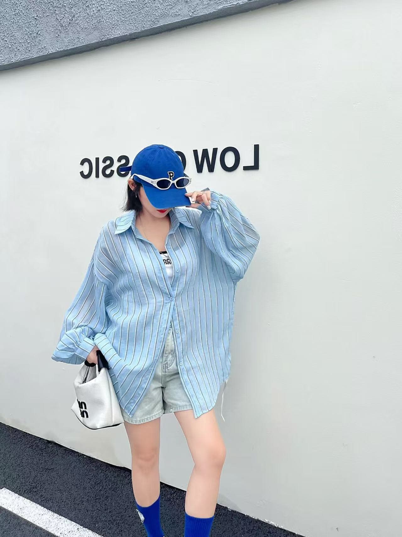 한국 스타일 여름 얇은 스타일 스트라이프 셔츠 루즈핏 게으른 바람 빅 사이즈 캐주얼 자외선 차단 의류 여성 긴 소매 미니멀리즘 셔츠 재킷 상세 이미지 14