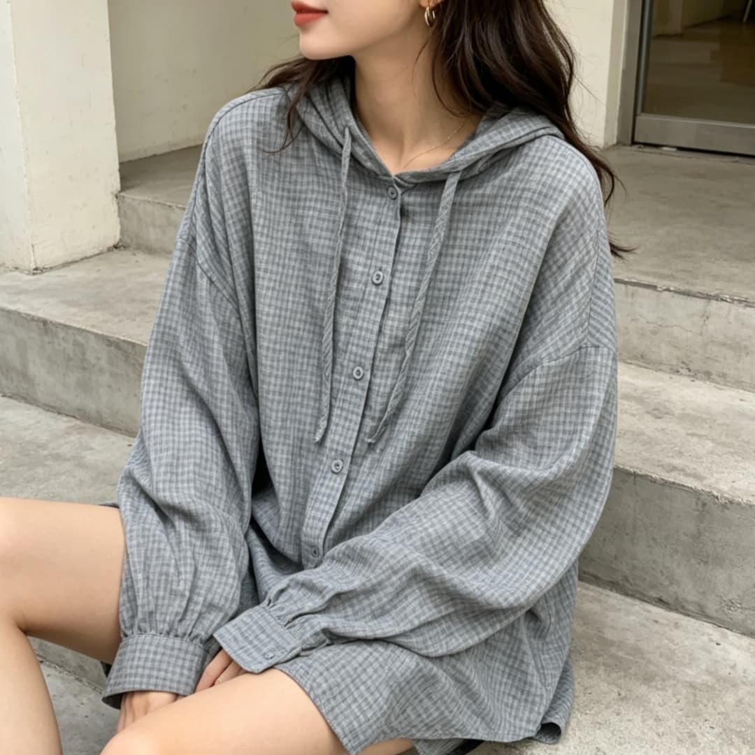 한국 스타일 여름 oversize 후드 좋은 격자 무늬 셔츠 하라주쿠 스타일 재킷 루즈핏 긴팔 캐주얼 자외선 차단 셔츠 여성 상세 이미지 12