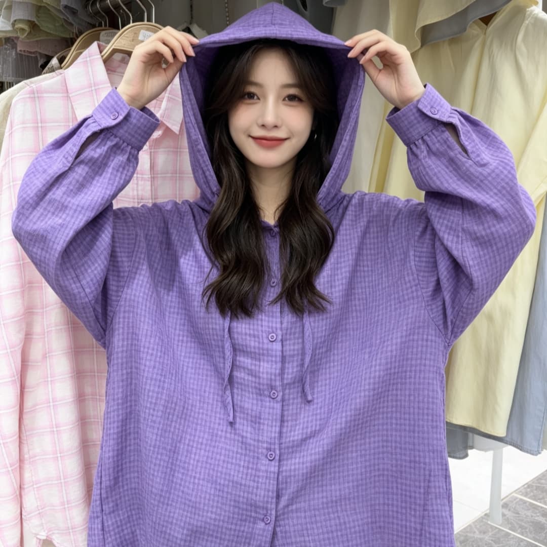 한국 스타일 여름 oversize 후드 좋은 격자 무늬 셔츠 하라주쿠 스타일 재킷 루즈핏 긴팔 캐주얼 자외선 차단 셔츠 여성 상세 이미지 17