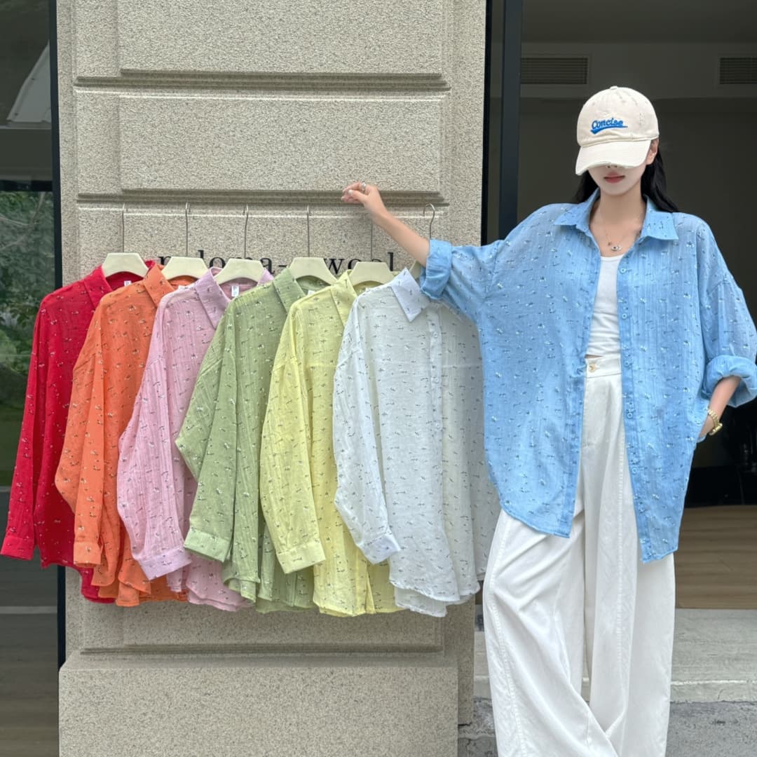 한국 스타일 여름 oversize 면사 꽃무늬 프린트 셔츠 얇은 스타일 긴팔 캐주얼 자외선 차단 셔츠 여성 미니멀리즘 재킷 이미지 2