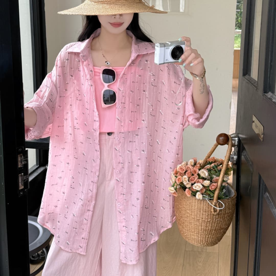 한국 스타일 여름 oversize 면사 꽃무늬 프린트 셔츠 얇은 스타일 긴팔 캐주얼 자외선 차단 셔츠 여성 미니멀리즘 재킷 상세 이미지 9