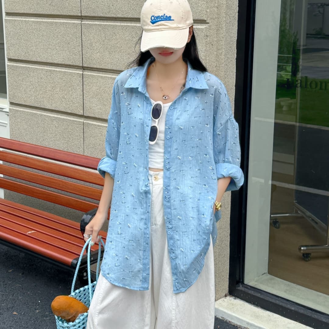 한국 스타일 여름 oversize 면사 꽃무늬 프린트 셔츠 얇은 스타일 긴팔 캐주얼 자외선 차단 셔츠 여성 미니멀리즘 재킷 상세 이미지 14