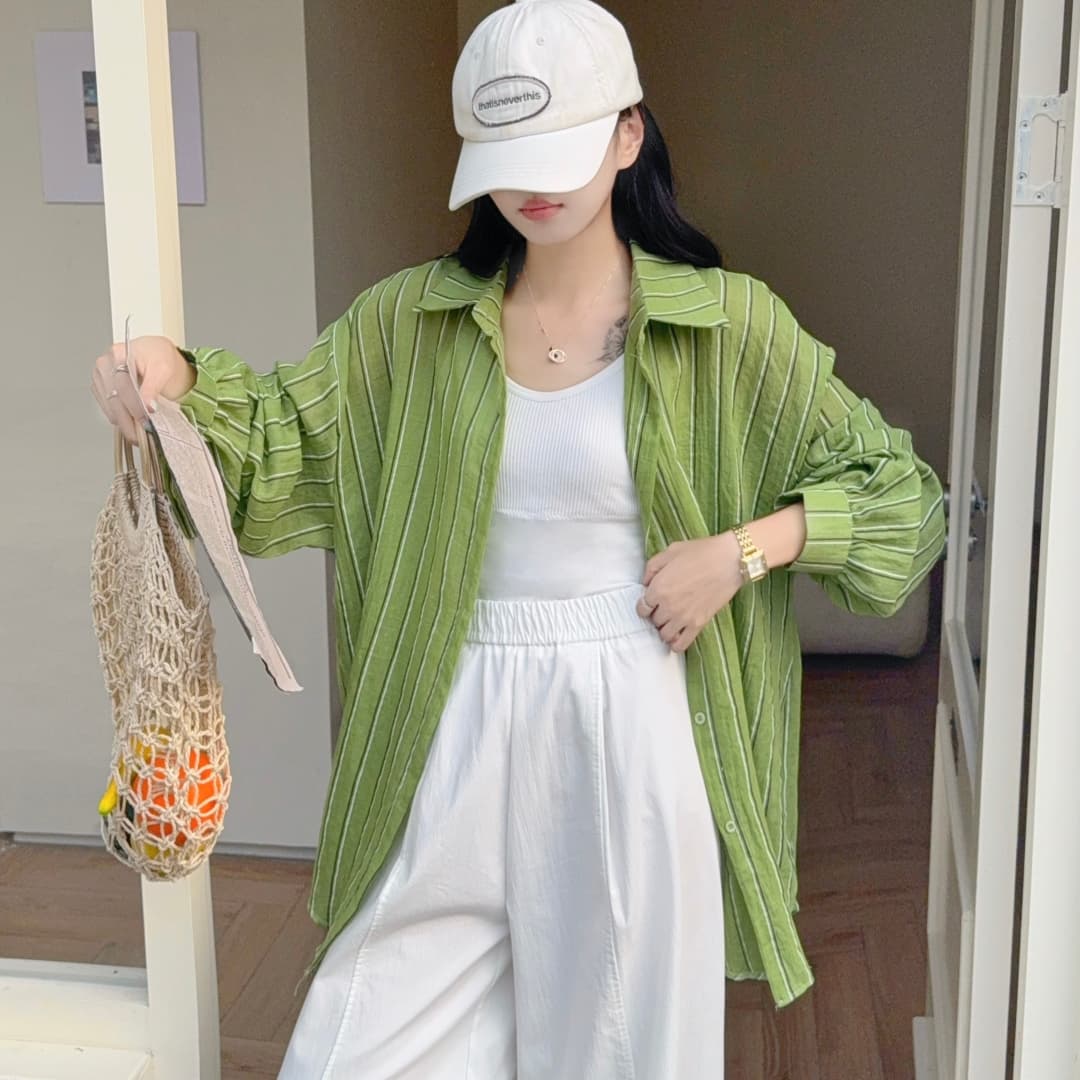 한국 스타일 여름 얇은 스타일 스트라이프 셔츠 하라주쿠 스타일 캐주얼 맨위 다용도 미니멀리즘 자외선 차단 의류 여성 루즈핏 재킷 트렌디 상세 이미지 1