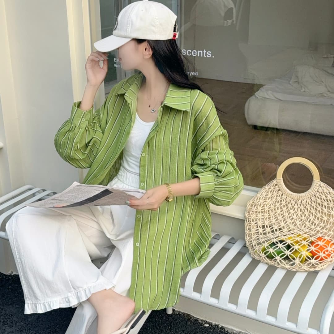한국 스타일 여름 얇은 스타일 스트라이프 셔츠 하라주쿠 스타일 캐주얼 맨위 다용도 미니멀리즘 자외선 차단 의류 여성 루즈핏 재킷 트렌디 상세 이미지 4