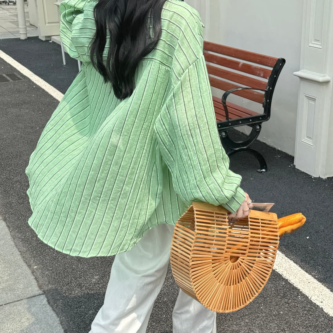 한국 스타일 여름 얇은 스타일 스트라이프 셔츠 하라주쿠 스타일 캐주얼 맨위 다용도 미니멀리즘 자외선 차단 의류 여성 루즈핏 재킷 트렌디 상세 이미지 9