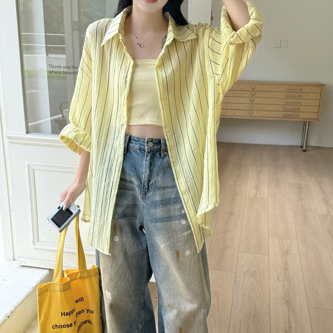 한국 스타일 여름 얇은 스타일 스트라이프 셔츠 하라주쿠 스타일 캐주얼 맨위 다용도 미니멀리즘 자외선 차단 의류 여성 루즈핏 재킷 트렌디 상세 이미지 15