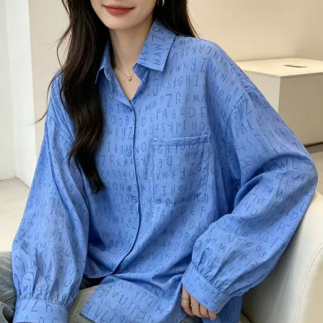 한국 스타일 여름 루즈핏 알파벳 프린트 면사 셔츠 캐주얼 하라주쿠 스타일 긴팔 미니멀리즘 자외선 차단 의류 여성 재킷 트렌디 상세 이미지 9