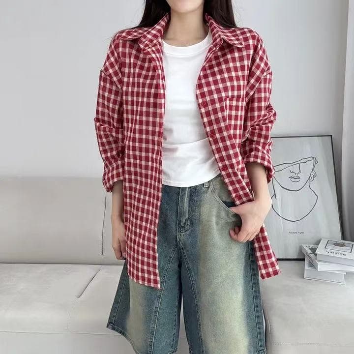 한국 스타일 여름 oversize 격자 무늬 셔츠 하라주쿠 스타일 긴팔 캐주얼 자외선 차단 셔츠 여성 미니멀리즘 레트로 재킷 이미지 3