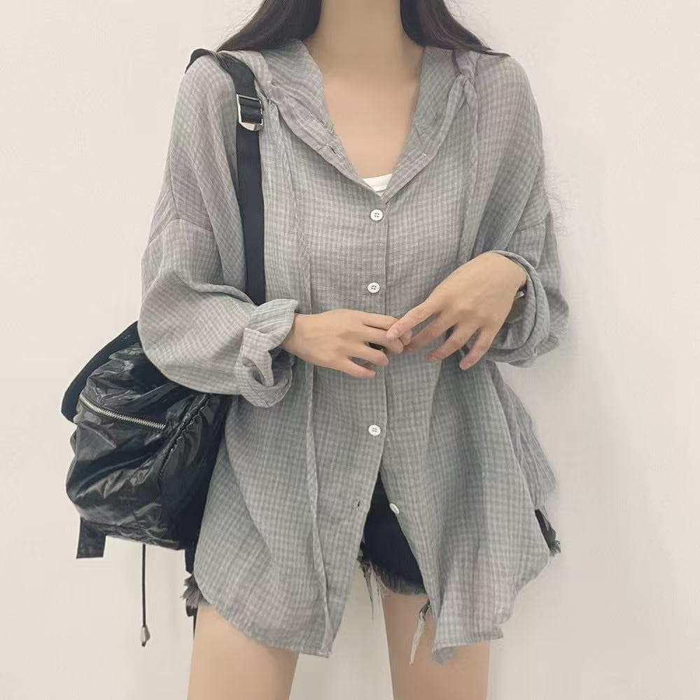한국 스타일 여름 oversize 후드 좋은 격자 무늬 셔츠 얇은 스타일 하라주쿠 스타일 재킷 루즈핏 긴팔 자외선 차단 셔츠 여성 이미지 4