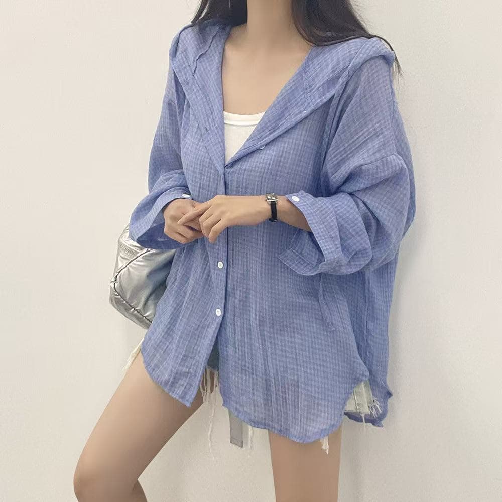 한국 스타일 여름 oversize 후드 좋은 격자 무늬 셔츠 얇은 스타일 하라주쿠 스타일 재킷 루즈핏 긴팔 자외선 차단 셔츠 여성 상세 이미지 2