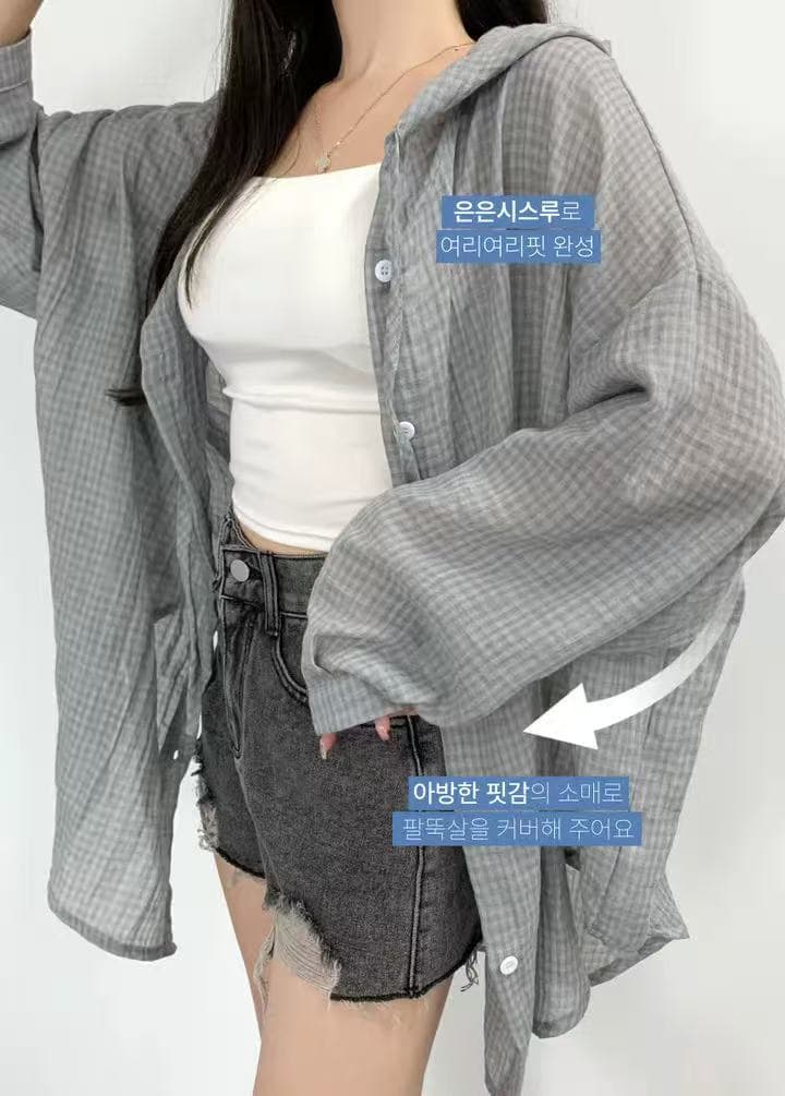 한국 스타일 여름 oversize 후드 좋은 격자 무늬 셔츠 얇은 스타일 하라주쿠 스타일 재킷 루즈핏 긴팔 자외선 차단 셔츠 여성 상세 이미지 13