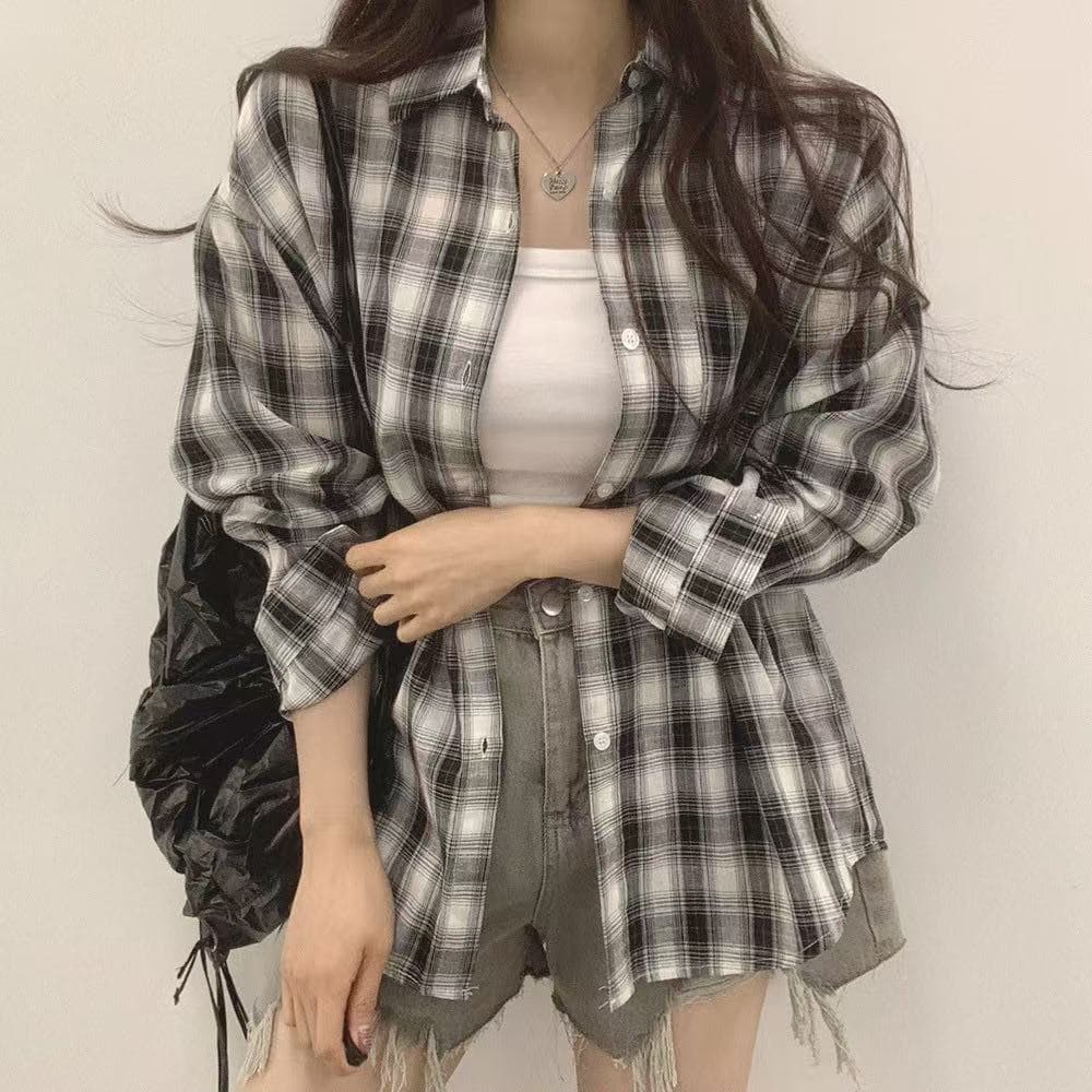 한국 스타일 가을 새로운 빅 사이즈 루즈핏 클래식 격자 무늬 셔츠 chic 셔츠 패션 다용도 자외선 차단 의류 여성 코트 상세 이미지 3