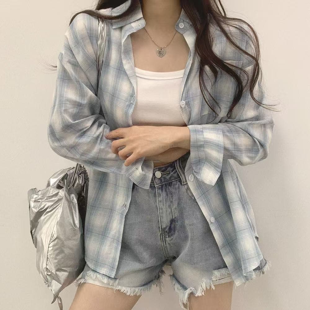 한국 스타일 가을 새로운 빅 사이즈 루즈핏 클래식 격자 무늬 셔츠 chic 셔츠 패션 다용도 자외선 차단 의류 여성 코트 상세 이미지 5