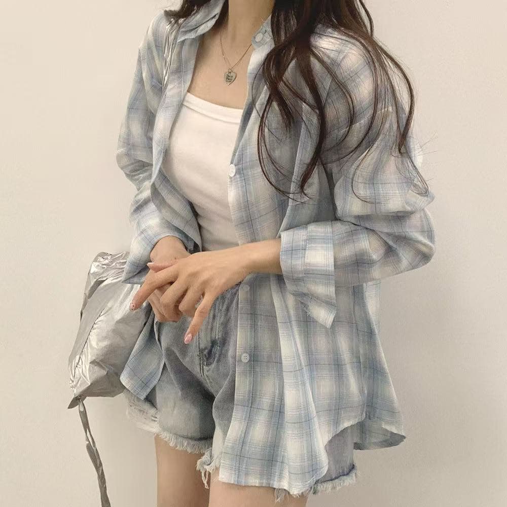 한국 스타일 가을 새로운 빅 사이즈 루즈핏 클래식 격자 무늬 셔츠 chic 셔츠 패션 다용도 자외선 차단 의류 여성 코트 상세 이미지 7