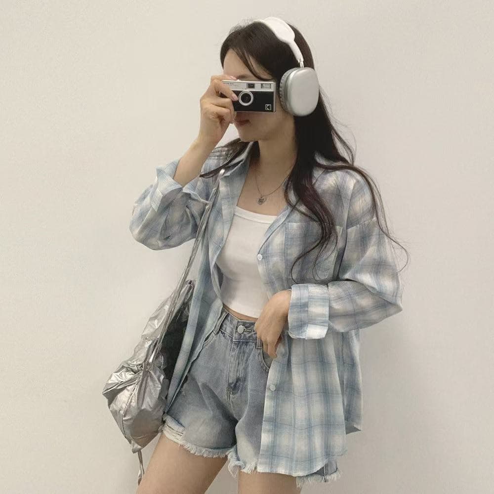 한국 스타일 가을 새로운 빅 사이즈 루즈핏 클래식 격자 무늬 셔츠 chic 셔츠 패션 다용도 자외선 차단 의류 여성 코트 상세 이미지 8