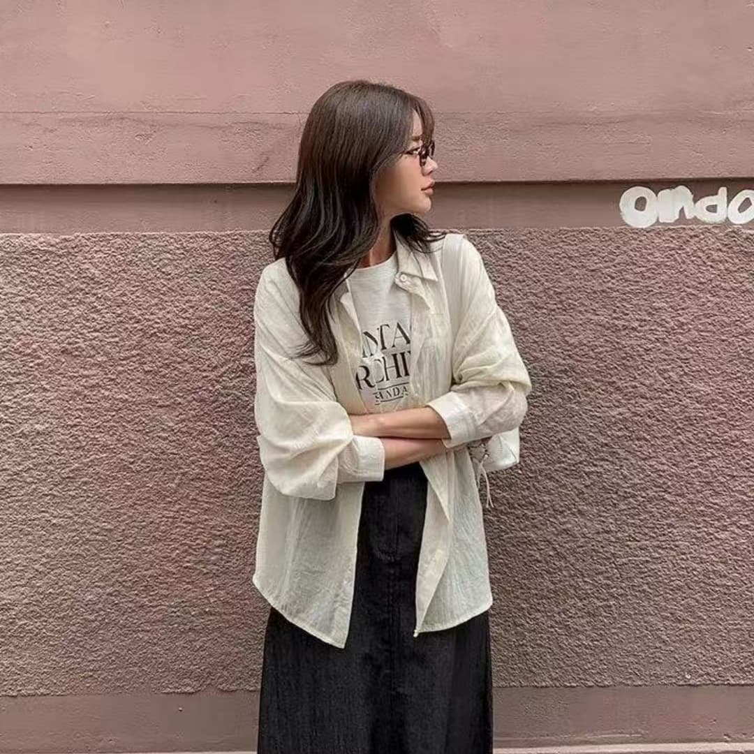 한국 스타일 여름 새로운 면사 루즈핏 클래식 격자 무늬 셔츠 chic 패션 셔츠 다용도 자외선 차단 의류 여성 코트 상세 이미지 6