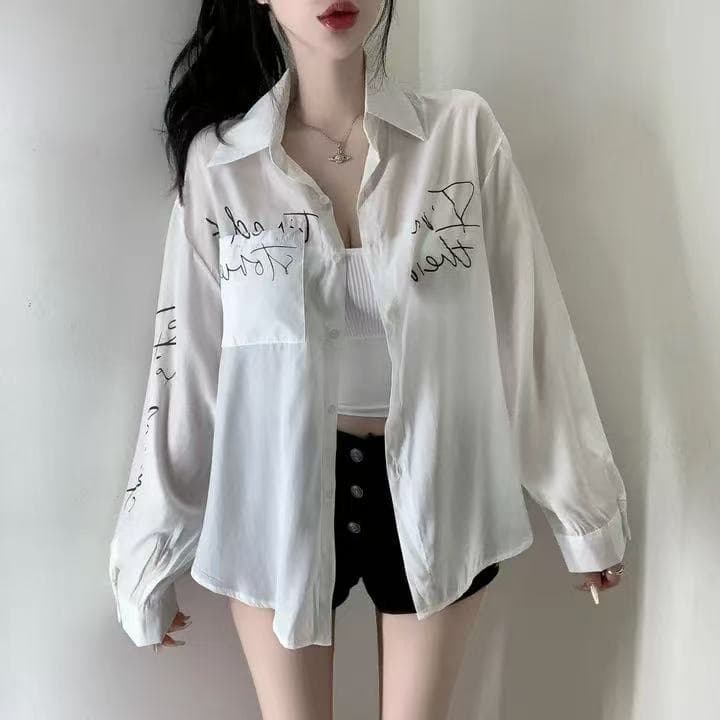 한국 스타일 여름 미니멀리즘 알파벳 프린트 빅 사이즈 루즈핏 셔츠 chic 패션 다용도 셔츠 자외선 차단 의류 여성 코트 상세 이미지 10