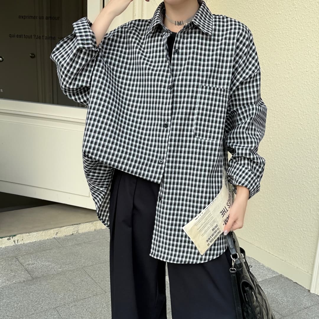 한국 스타일 가을 루즈핏 oversize 격자 무늬 셔츠 미니멀리즘 하라주쿠 스타일 긴팔 캐주얼 자외선 차단 셔츠 여성 재킷 이미지 2