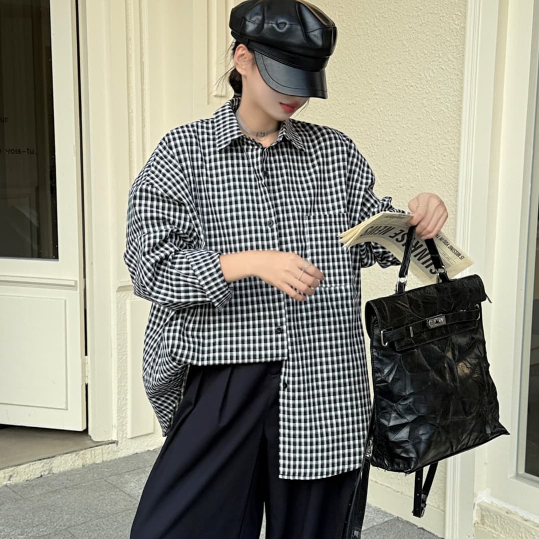 한국 스타일 가을 루즈핏 oversize 격자 무늬 셔츠 미니멀리즘 하라주쿠 스타일 긴팔 캐주얼 자외선 차단 셔츠 여성 재킷 상세 이미지 3