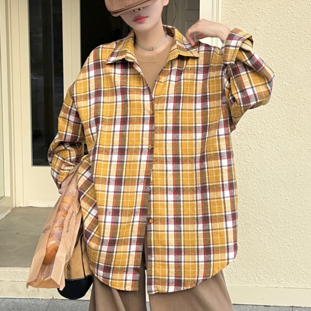 한국 스타일 가을 oversize 디자인 센스 체크무늬 프로필 모양 셔츠 십자가 자르다 캐주얼 루즈핏 하라주쿠 스타일 여성 코트 이미지 2