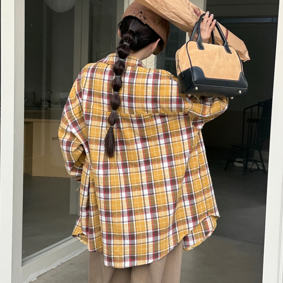 한국 스타일 가을 oversize 디자인 센스 체크무늬 프로필 모양 셔츠 십자가 자르다 캐주얼 루즈핏 하라주쿠 스타일 여성 코트 이미지 5