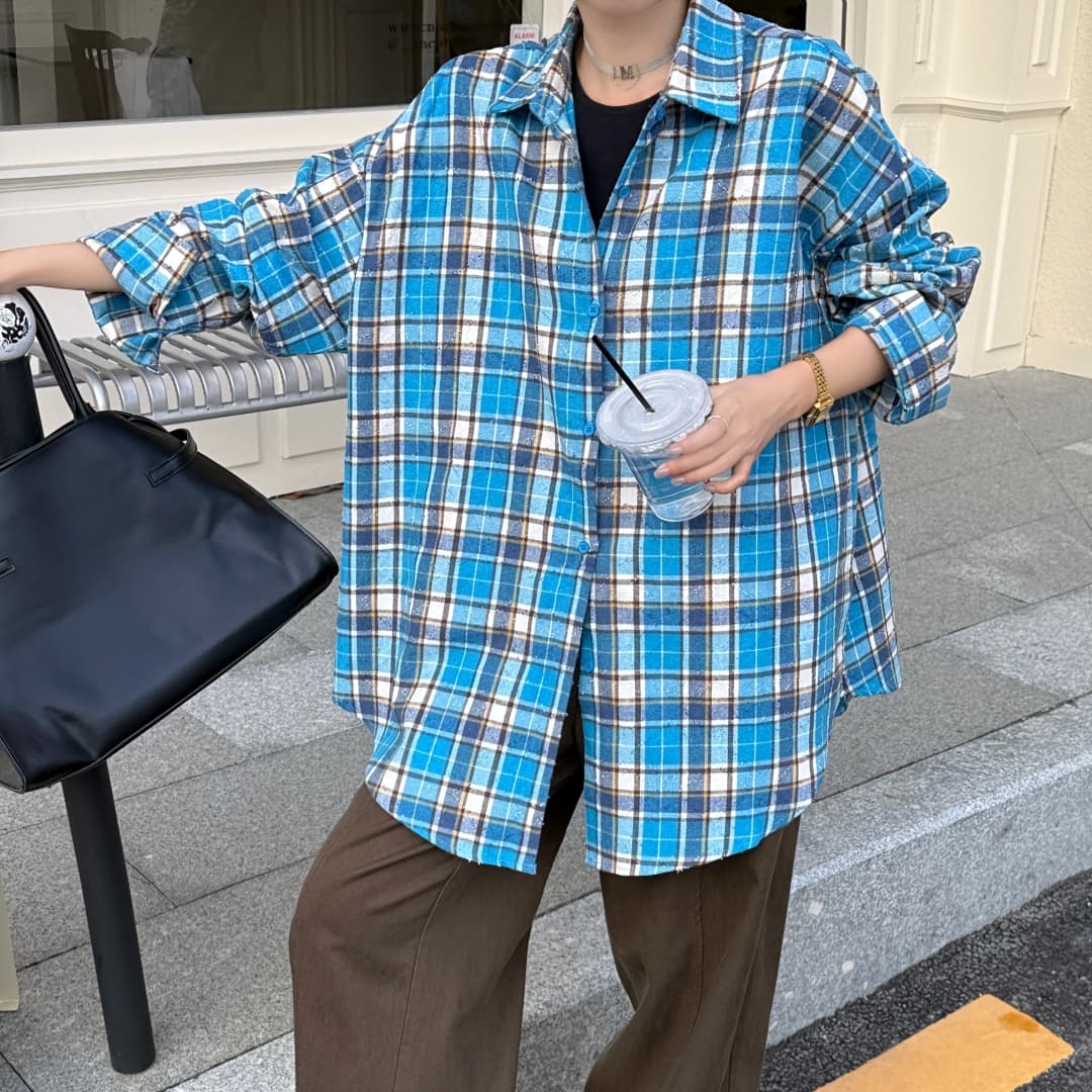 한국 스타일 가을 oversize 디자인 센스 체크무늬 프로필 모양 셔츠 십자가 자르다 캐주얼 루즈핏 하라주쿠 스타일 여성 코트 상세 이미지 10