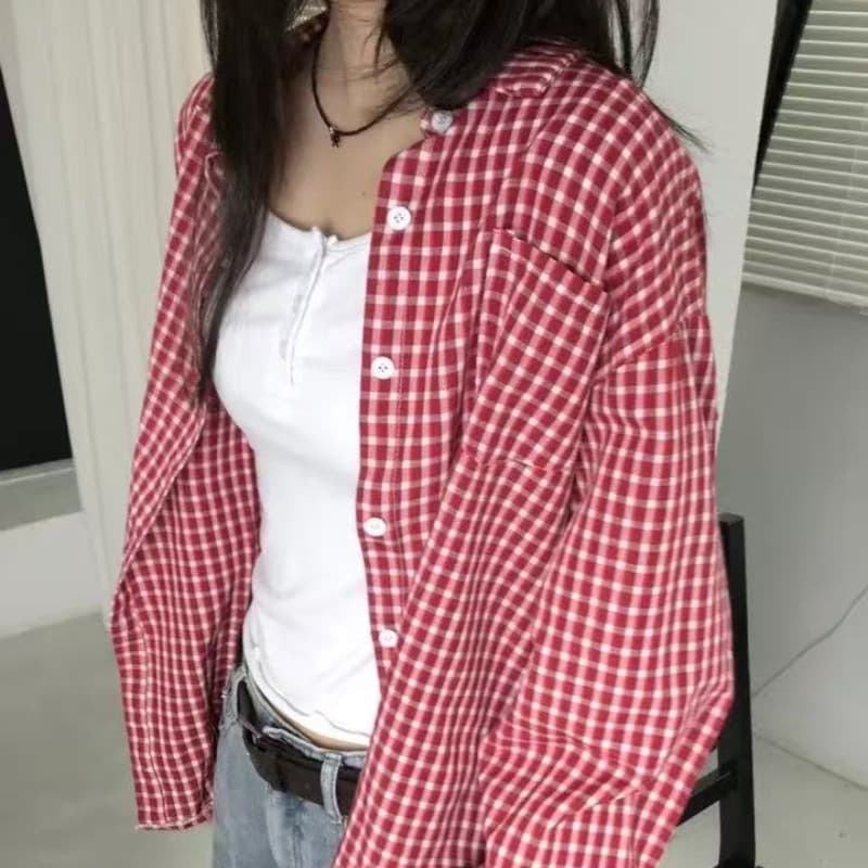 한국 스타일 가을 동대문 새로운 빨간색 격자 무늬 셔츠 루즈핏 미니멀리즘 디자인 센스 캐주얼 긴팔 맨위 여성 셔츠 이미지 5