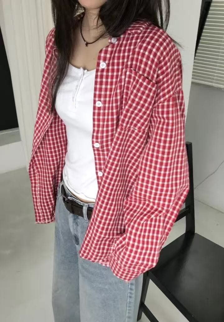 한국 스타일 가을 동대문 새로운 빨간색 격자 무늬 셔츠 루즈핏 미니멀리즘 디자인 센스 캐주얼 긴팔 맨위 여성 셔츠 상세 이미지 2
