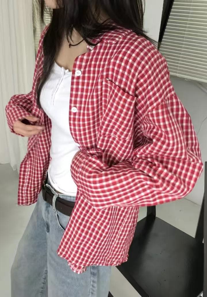 한국 스타일 가을 동대문 새로운 빨간색 격자 무늬 셔츠 루즈핏 미니멀리즘 디자인 센스 캐주얼 긴팔 맨위 여성 셔츠 상세 이미지 3