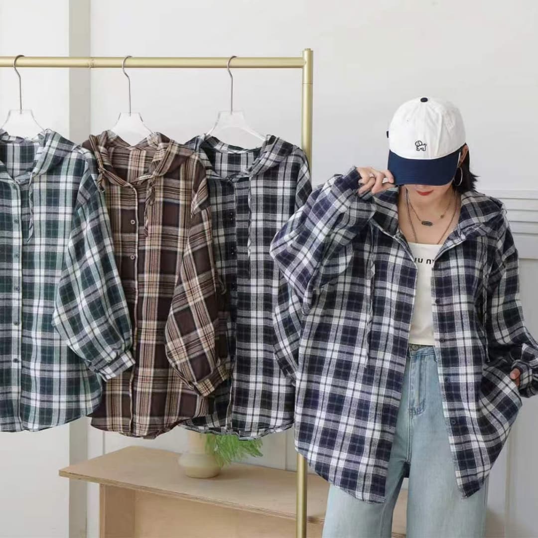 한국 스타일 가을 oversize 후드 격자 무늬 셔츠 패션 하라주쿠 스타일 긴팔 캐주얼 자외선 차단 셔츠 여성 코트 이미지 5