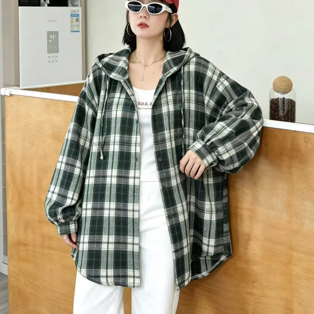 한국 스타일 가을 oversize 후드 격자 무늬 셔츠 패션 하라주쿠 스타일 긴팔 캐주얼 자외선 차단 셔츠 여성 코트 이미지 3