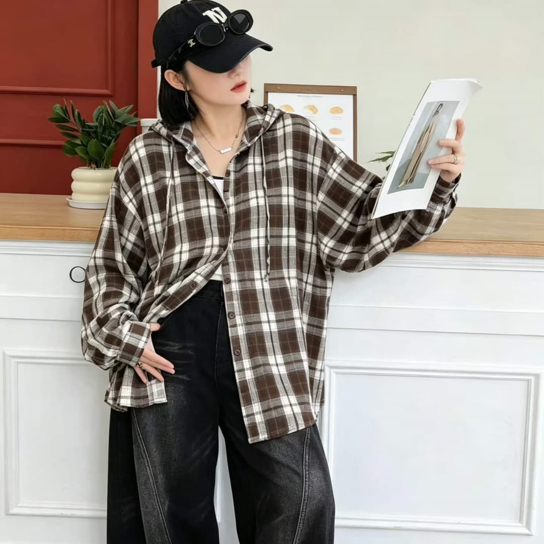 한국 스타일 가을 oversize 후드 격자 무늬 셔츠 패션 하라주쿠 스타일 긴팔 캐주얼 자외선 차단 셔츠 여성 코트 상세 이미지 4