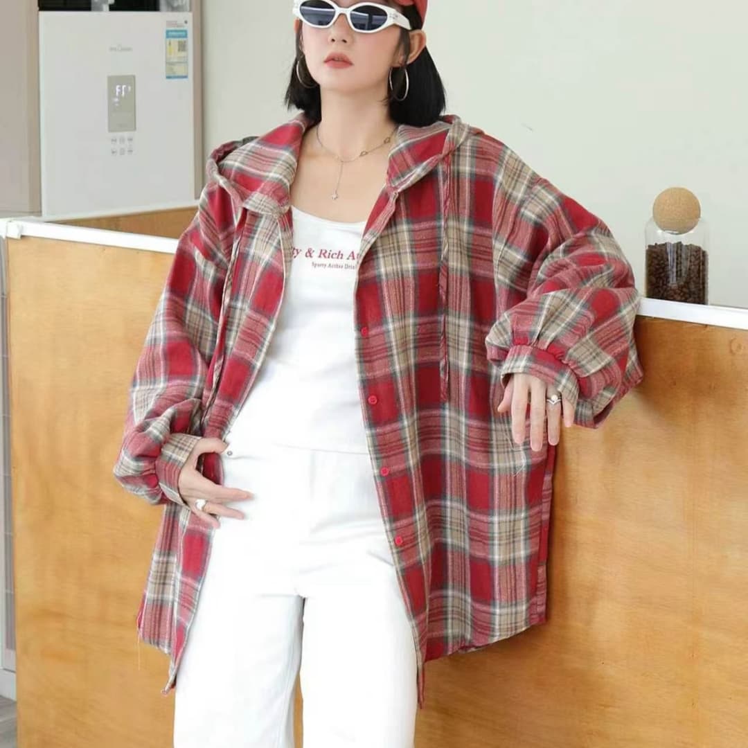 한국 스타일 가을 oversize 후드 레트로 체크무늬 레트로 셔츠 게으른 바람 캐주얼 루즈핏 여성 코트 셔츠 상세 이미지 2