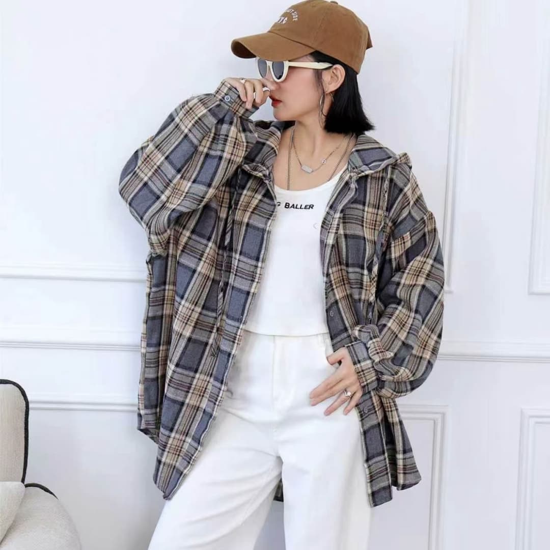 한국 스타일 가을 oversize 후드 레트로 체크무늬 레트로 셔츠 게으른 바람 캐주얼 루즈핏 여성 코트 셔츠 상세 이미지 3