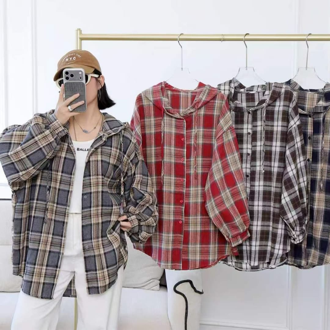 한국 스타일 가을 oversize 후드 레트로 체크무늬 레트로 셔츠 게으른 바람 캐주얼 루즈핏 여성 코트 셔츠 상세 이미지 5