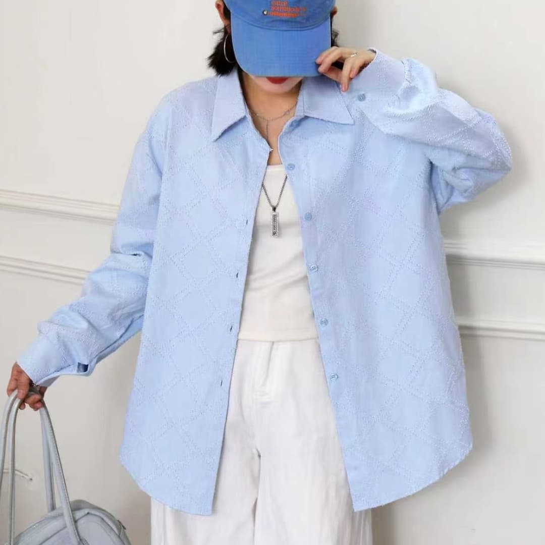 한국 스타일 가을 oversize 긴팔 레트로 다이아몬드 모양 찢어진 부분 셔츠 디자인 센스 캐주얼 루즈핏 여성 코트 셔츠 이미지 2