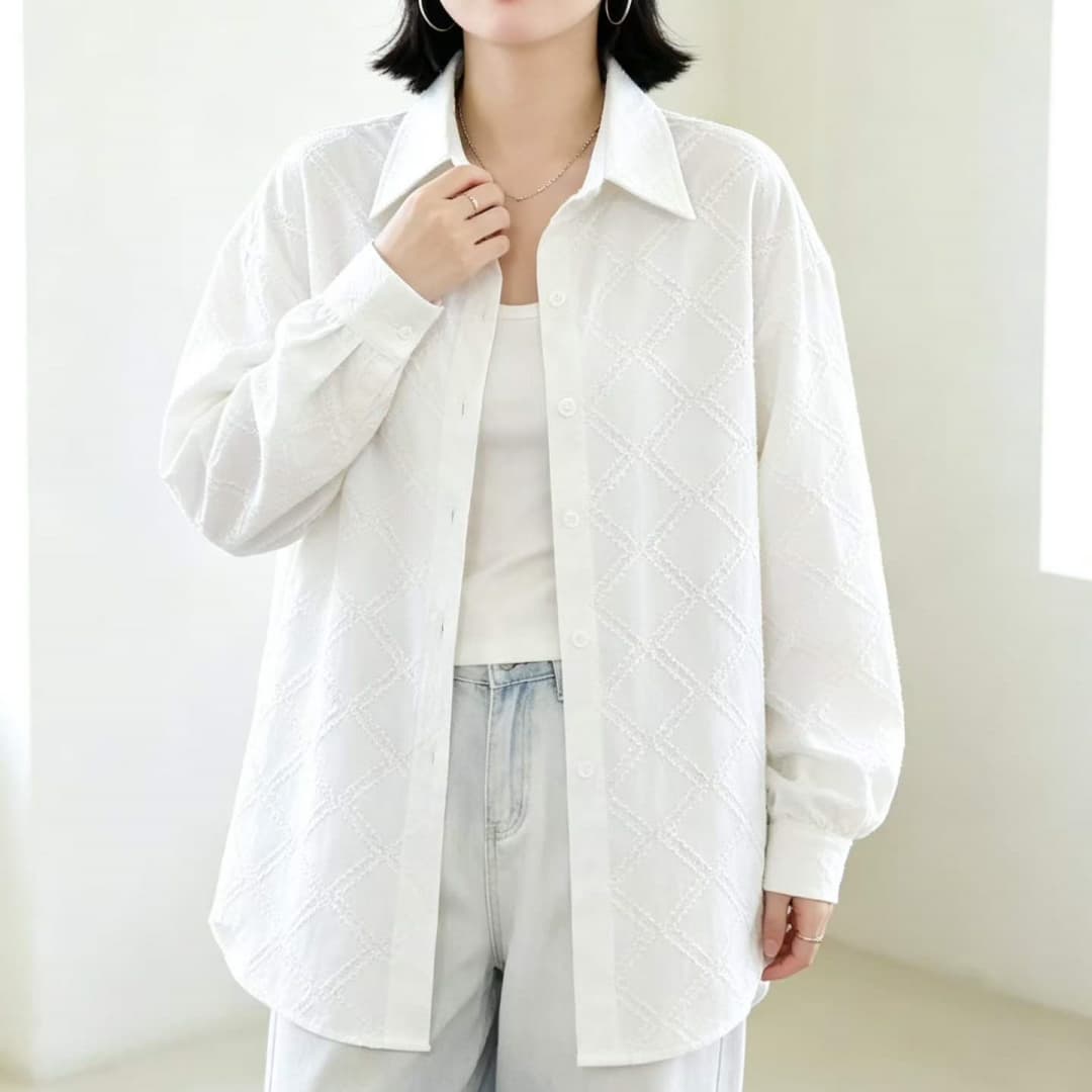 한국 스타일 가을 oversize 긴팔 레트로 다이아몬드 모양 찢어진 부분 셔츠 디자인 센스 캐주얼 루즈핏 여성 코트 셔츠