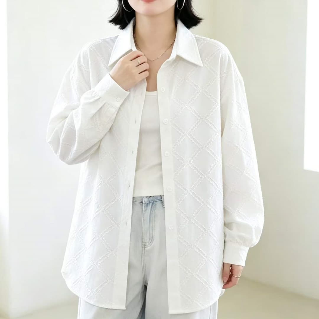 한국 스타일 가을 oversize 긴팔 레트로 다이아몬드 모양 찢어진 부분 셔츠 디자인 센스 캐주얼 루즈핏 여성 코트 셔츠 상세 이미지 6
